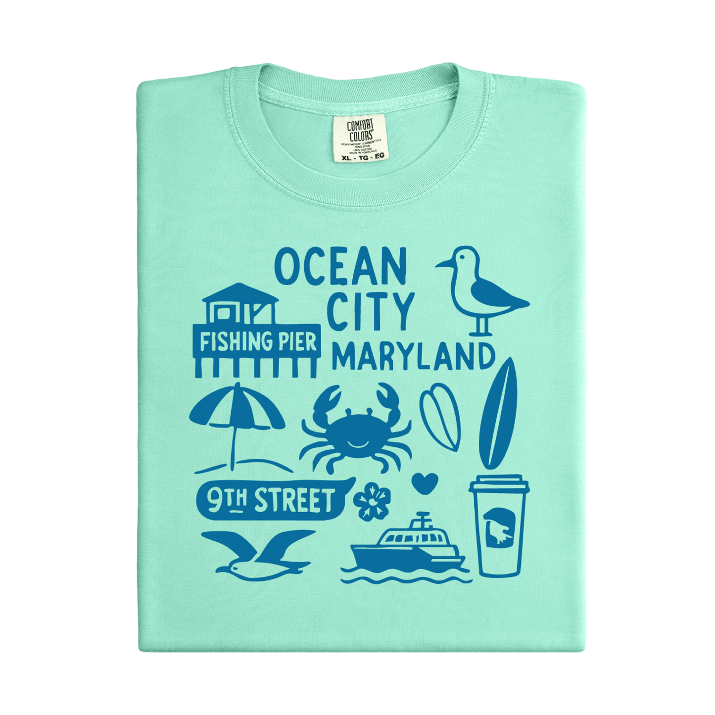 Light green t-shirt with Ocean City, Maryland-themed graphics on a white background