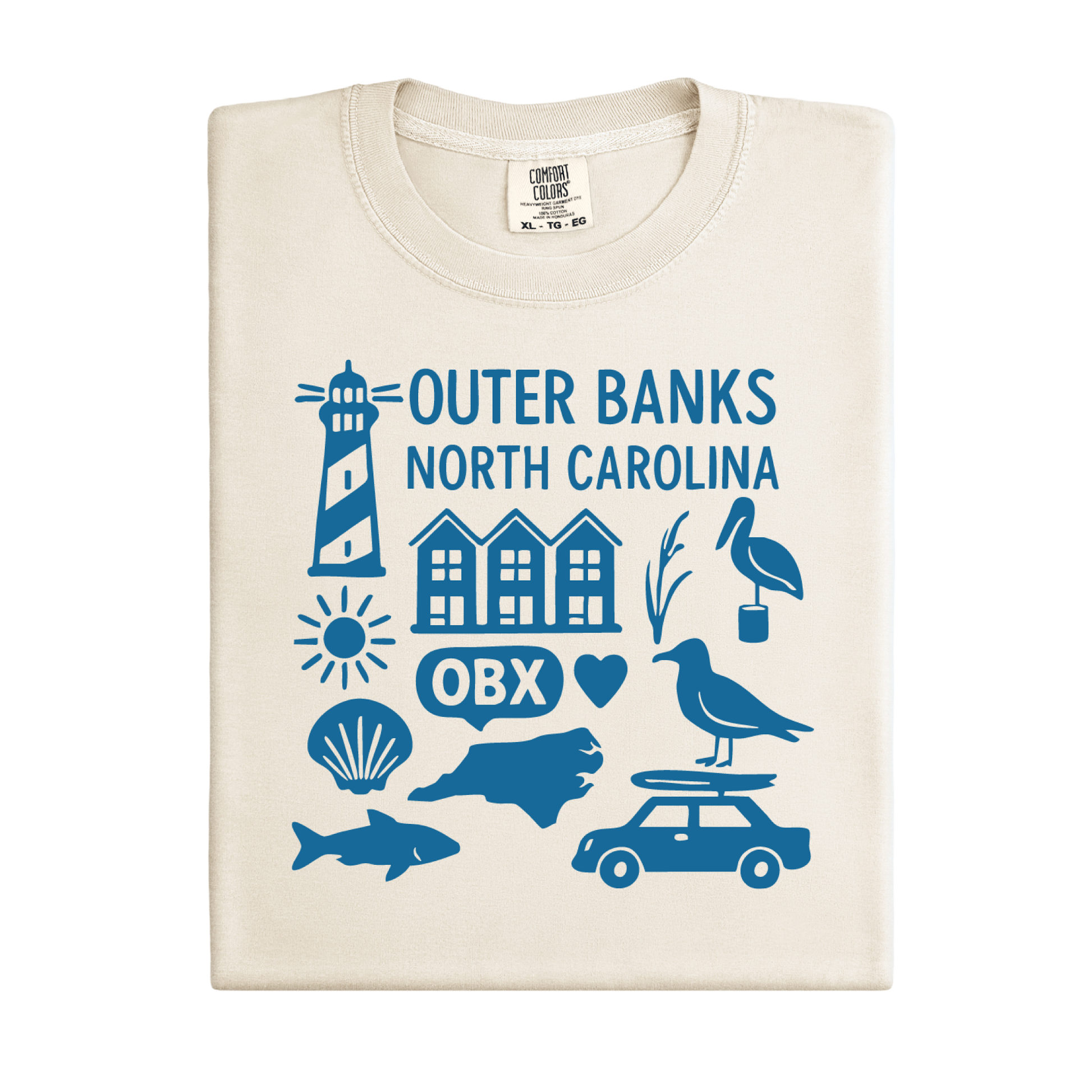 Beige t-shirt with blue Outer Banks North Carolina graphics on a white background