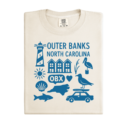 Beige t-shirt with blue Outer Banks North Carolina graphics on a white background