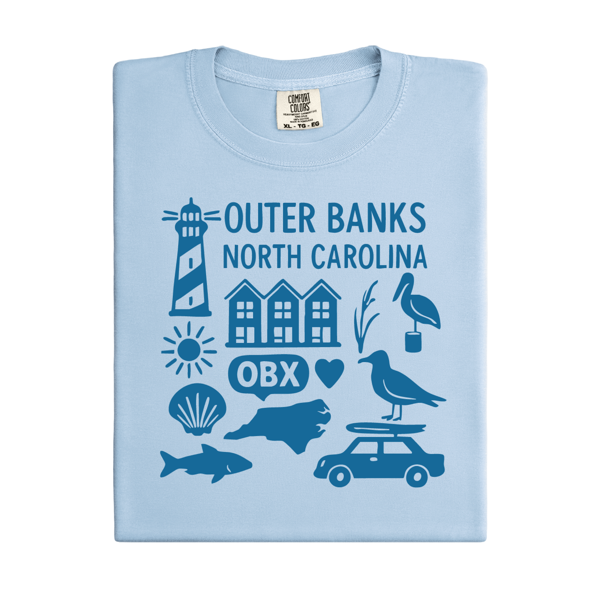 Light blue t-shirt with Outer Banks, North Carolina graphics on a white background