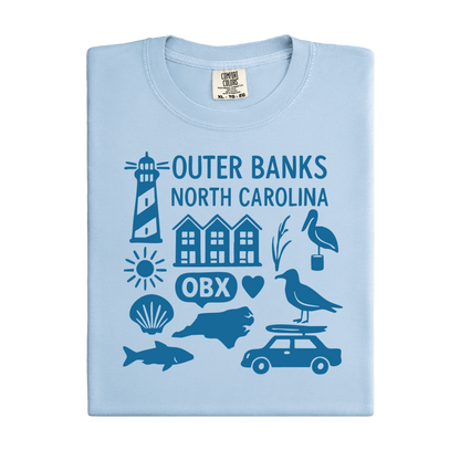 Light blue t-shirt with Outer Banks, North Carolina graphics on a white background