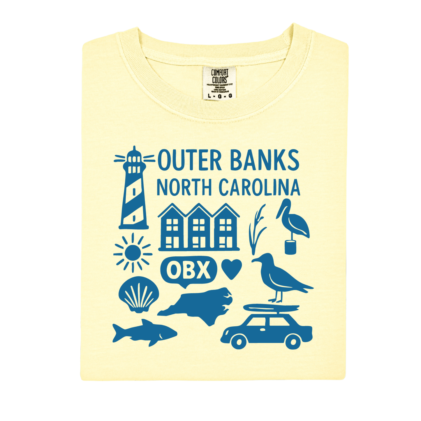Yellow t-shirt with blue Outer Banks, North Carolina graphics on a white background