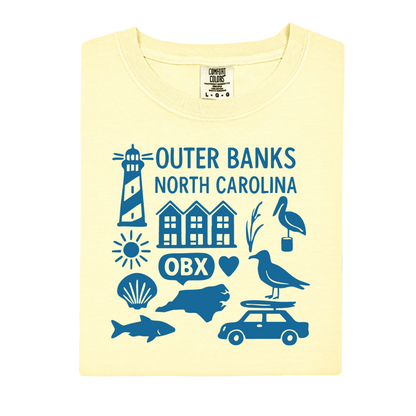 Yellow t-shirt with blue Outer Banks, North Carolina graphics on a white background