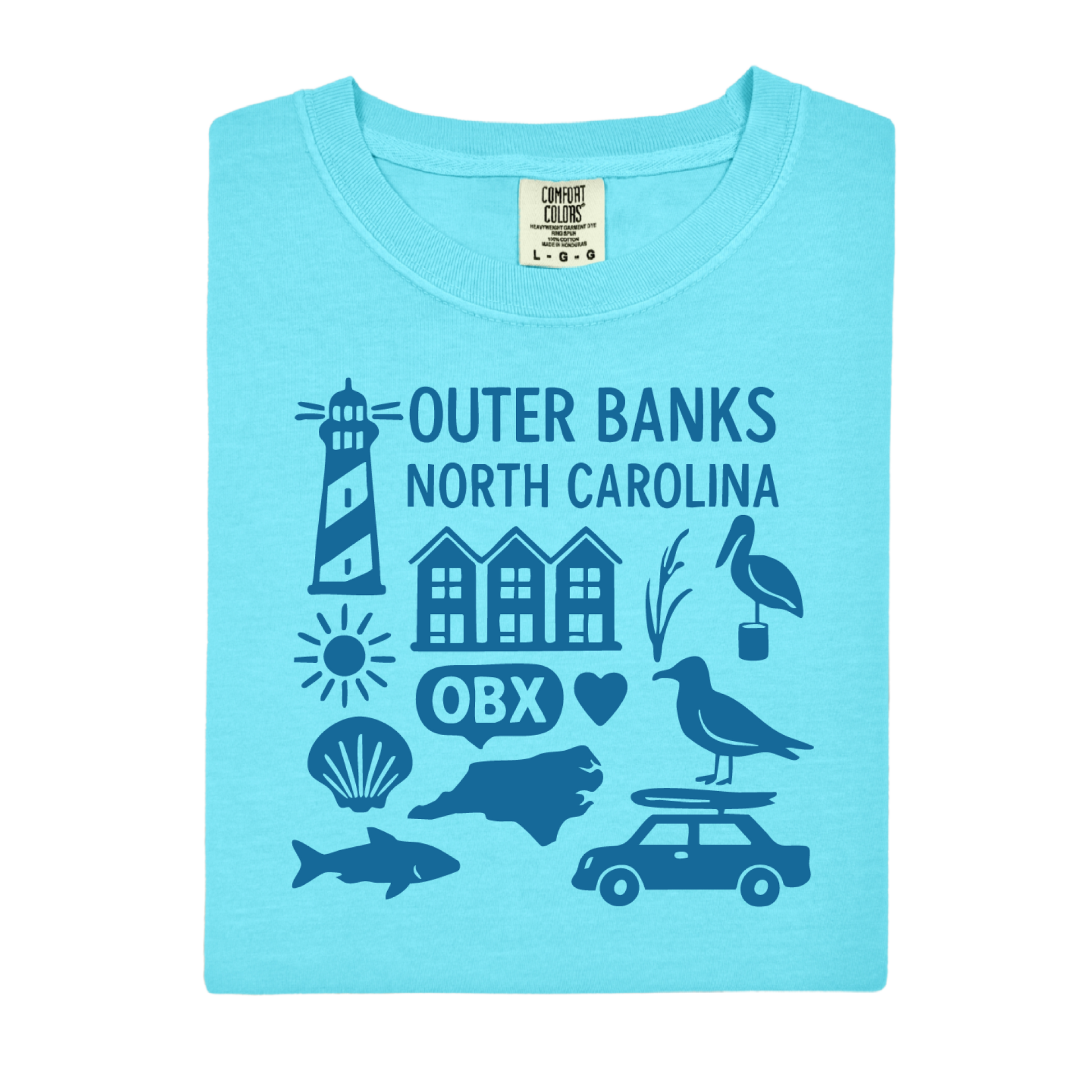 Light blue t-shirt with blue graphics and text on a white background