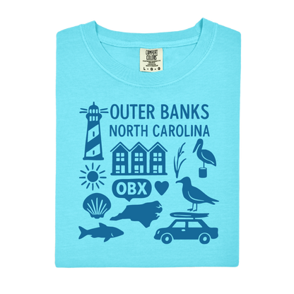 Light blue t-shirt with blue graphics and text on a white background