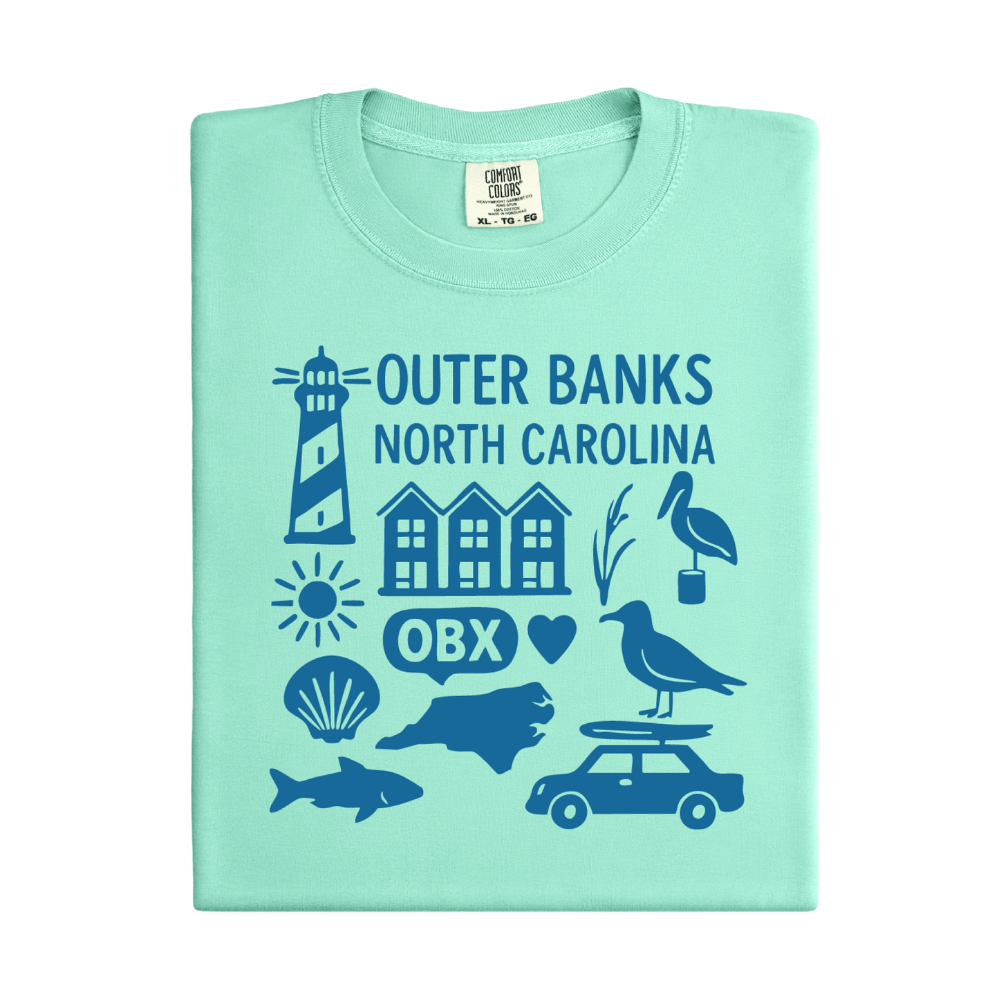 Light green t-shirt with blue graphics and text on a white background