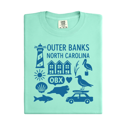 Light green t-shirt with blue graphics and text on a white background