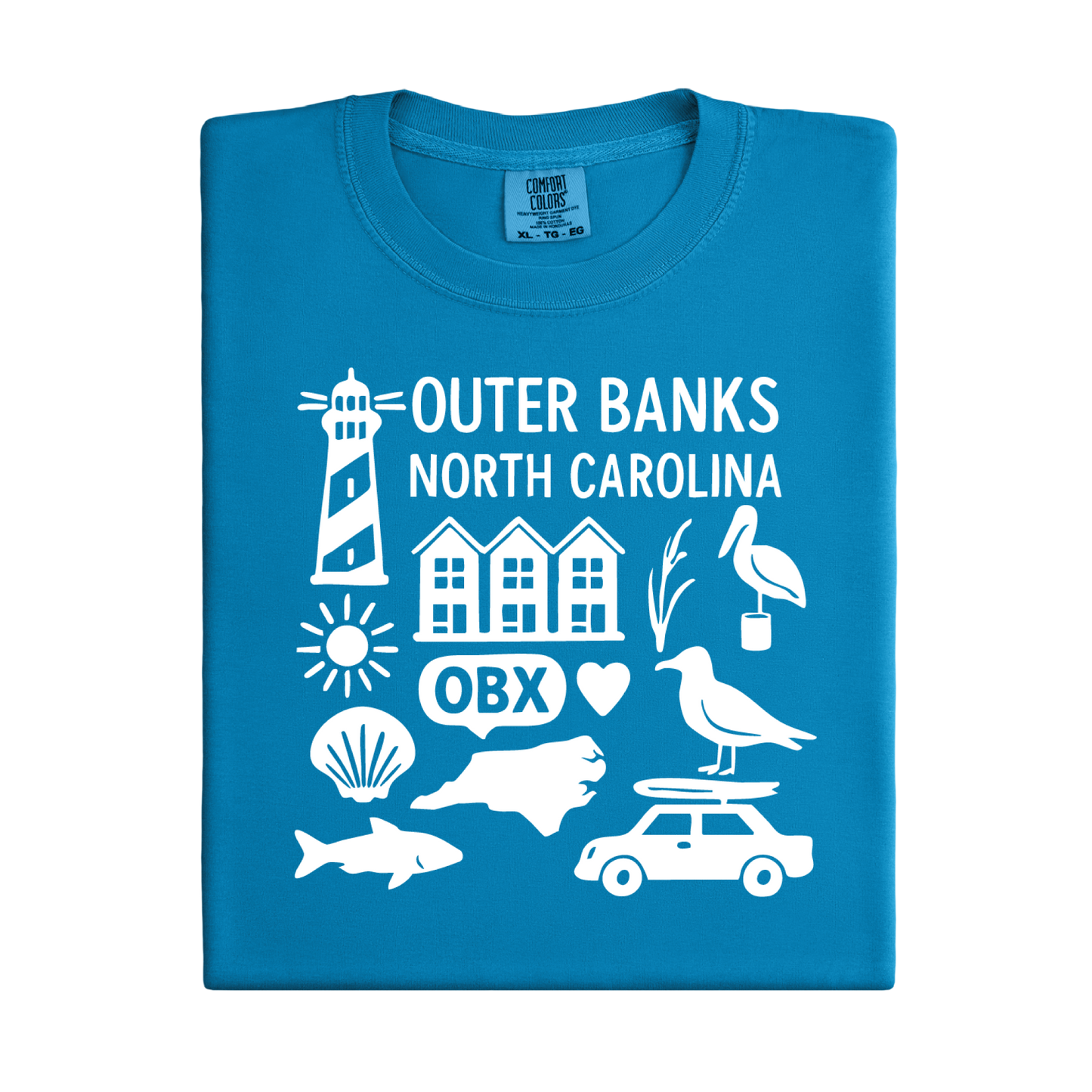Blue t-shirt with white Outer Banks, North Carolina graphics on a white background