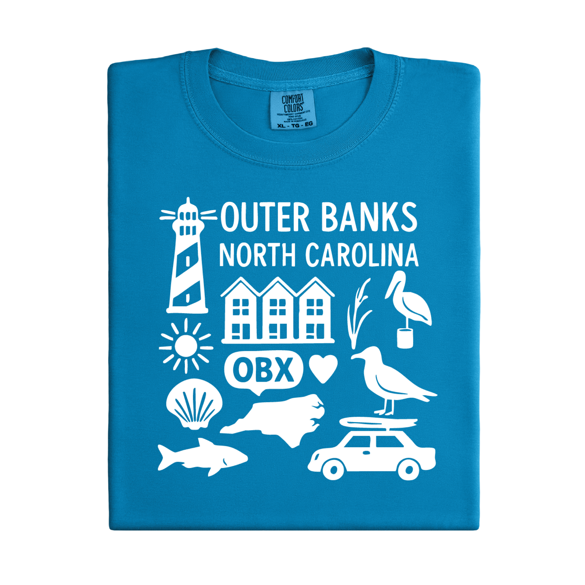 Blue t-shirt with white Outer Banks, North Carolina graphics on a white background