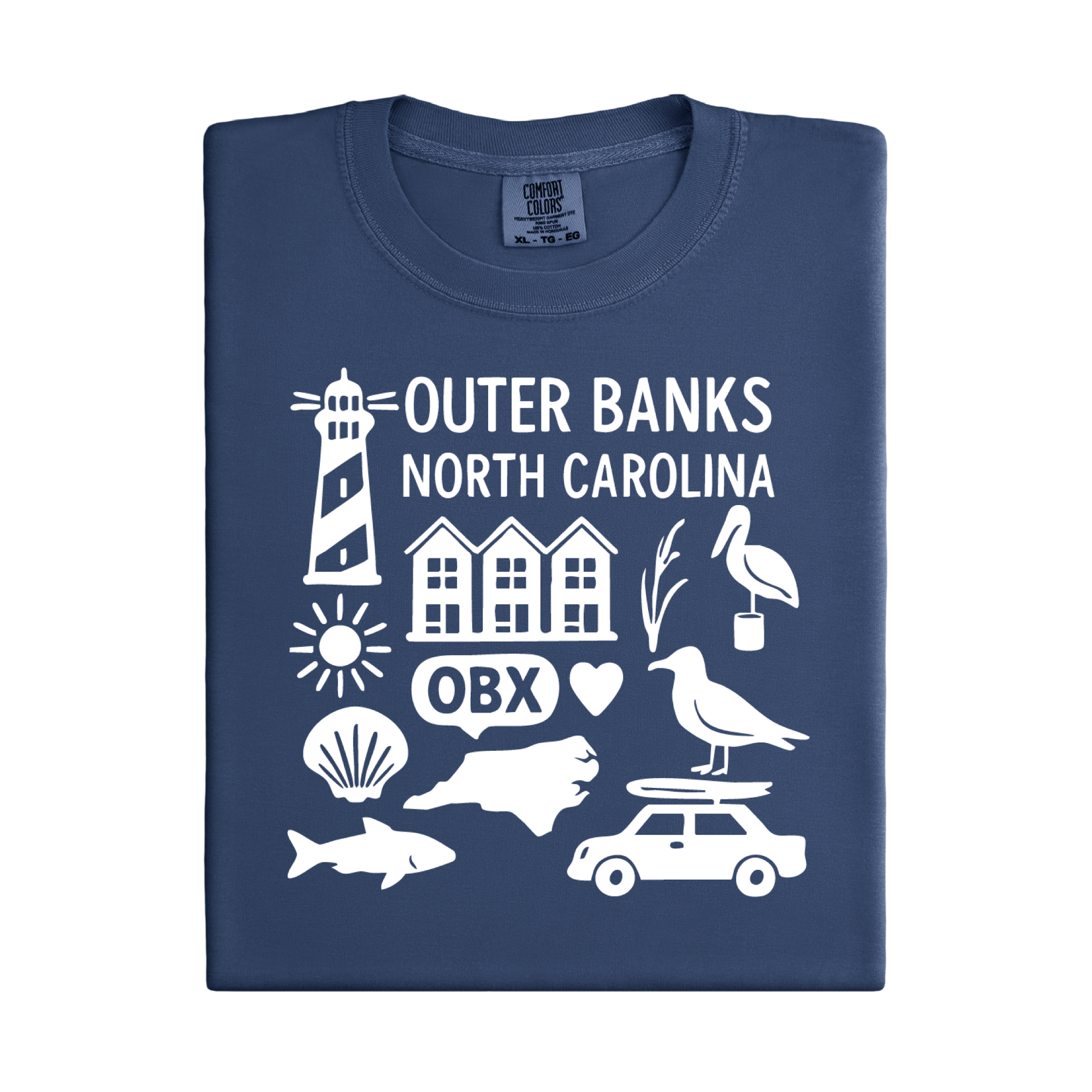 Folded navy blue t-shirt with white Outer Banks North Carolina graphics on a white background