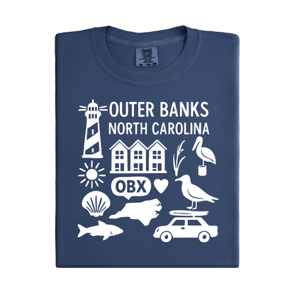 Folded navy blue t-shirt with white Outer Banks North Carolina graphics on a white background