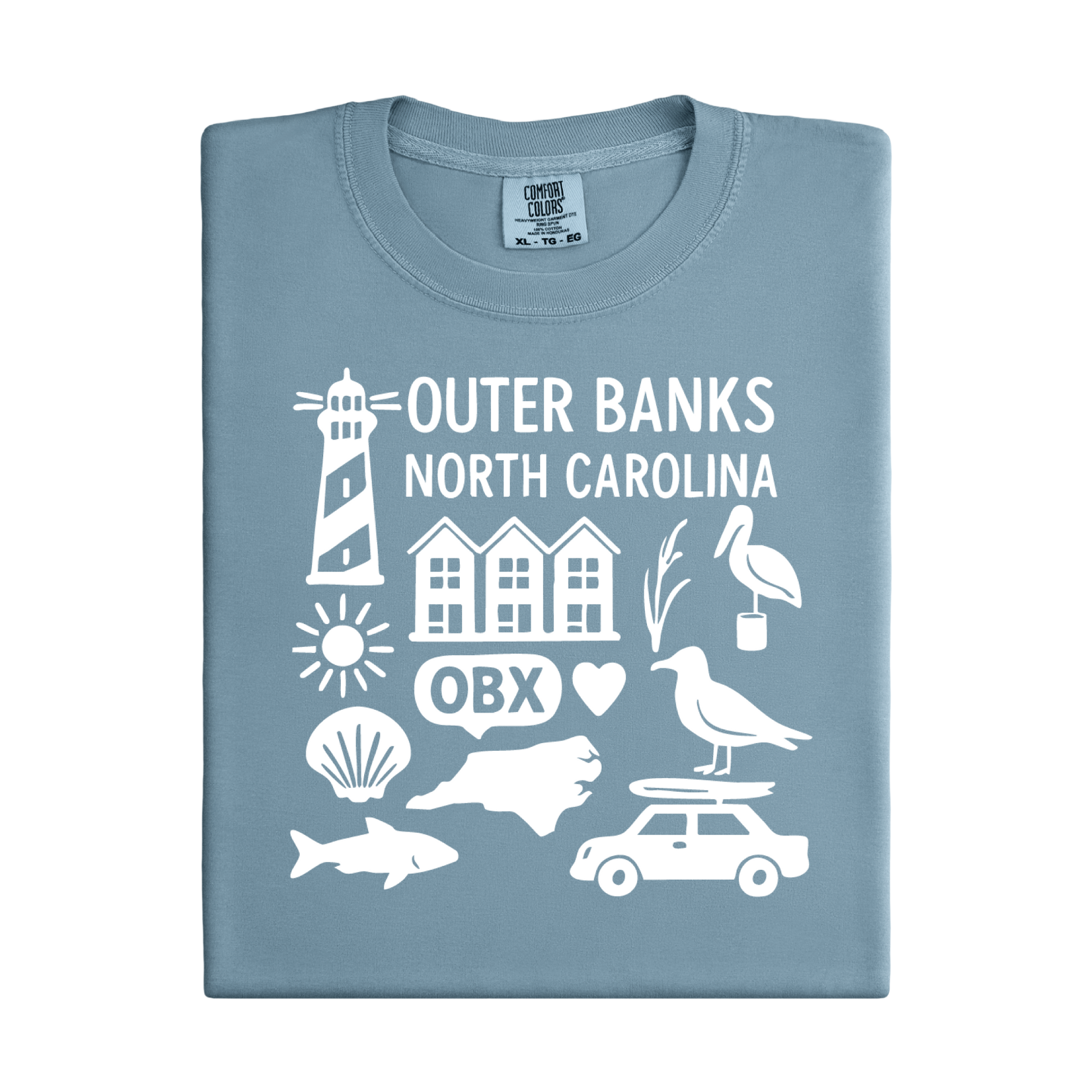 Folded blue t-shirt with white Outer Banks North Carolina graphics on a white background