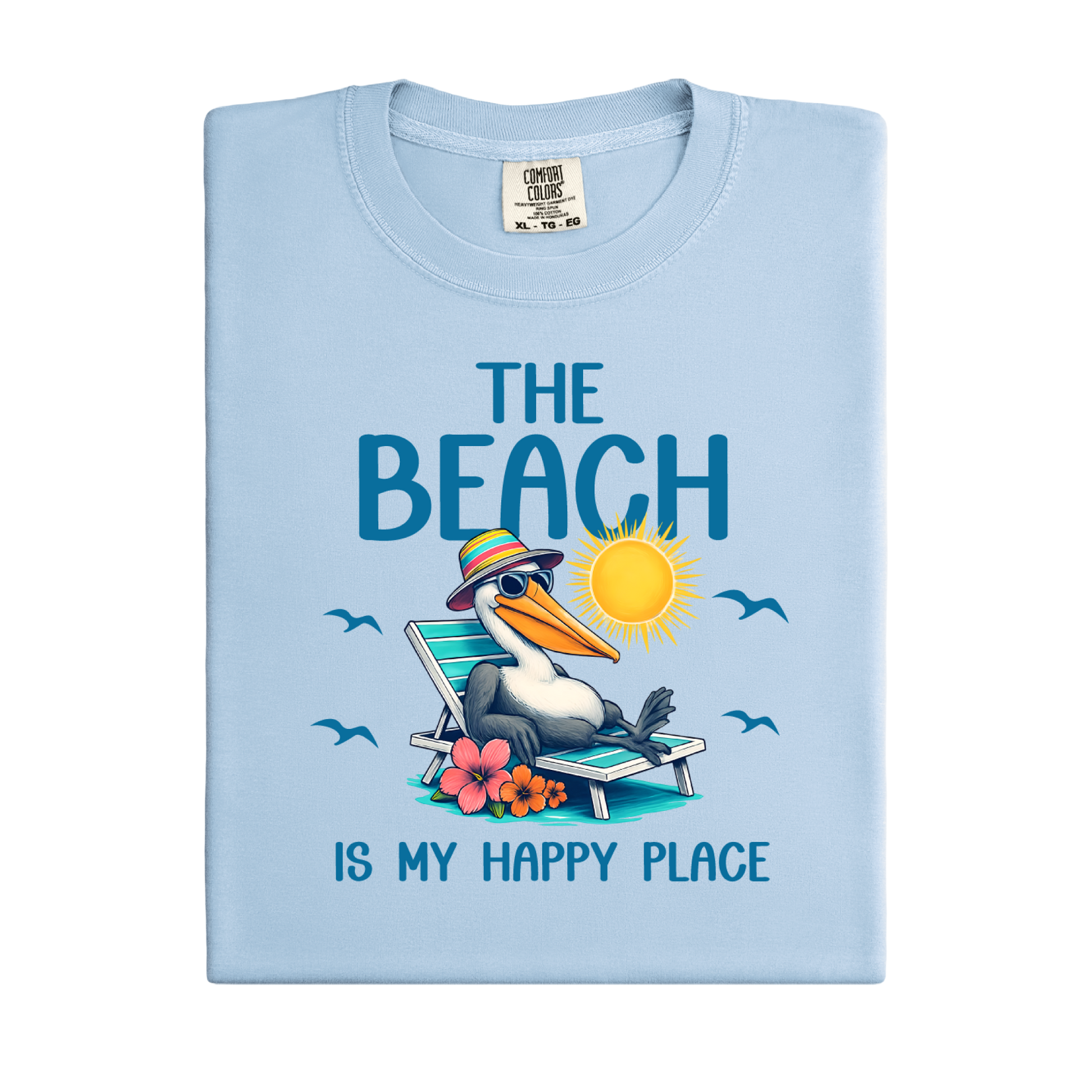 Light blue t-shirt with a pelican graphic and text on a white background