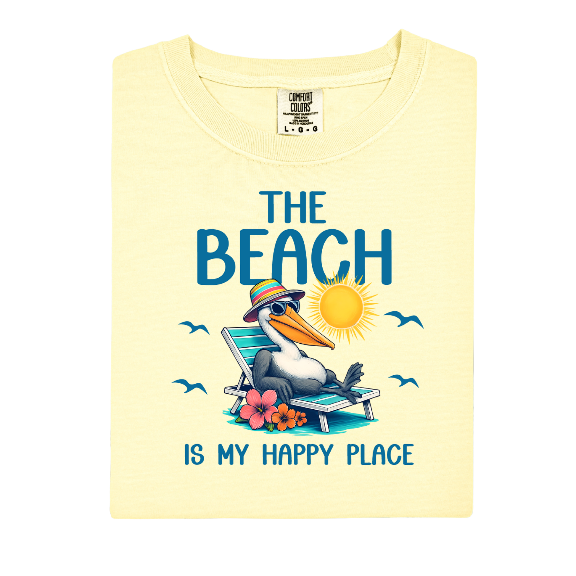 Yellow t-shirt with a pelican graphic and text on a white background