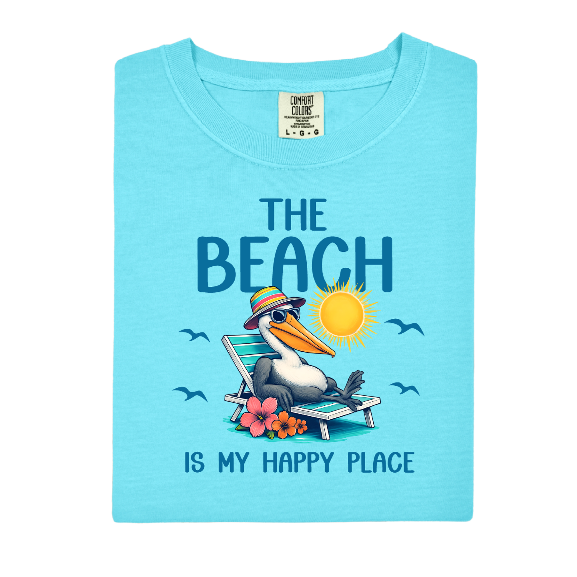 Light blue t-shirt with a pelican graphic and text on a white background