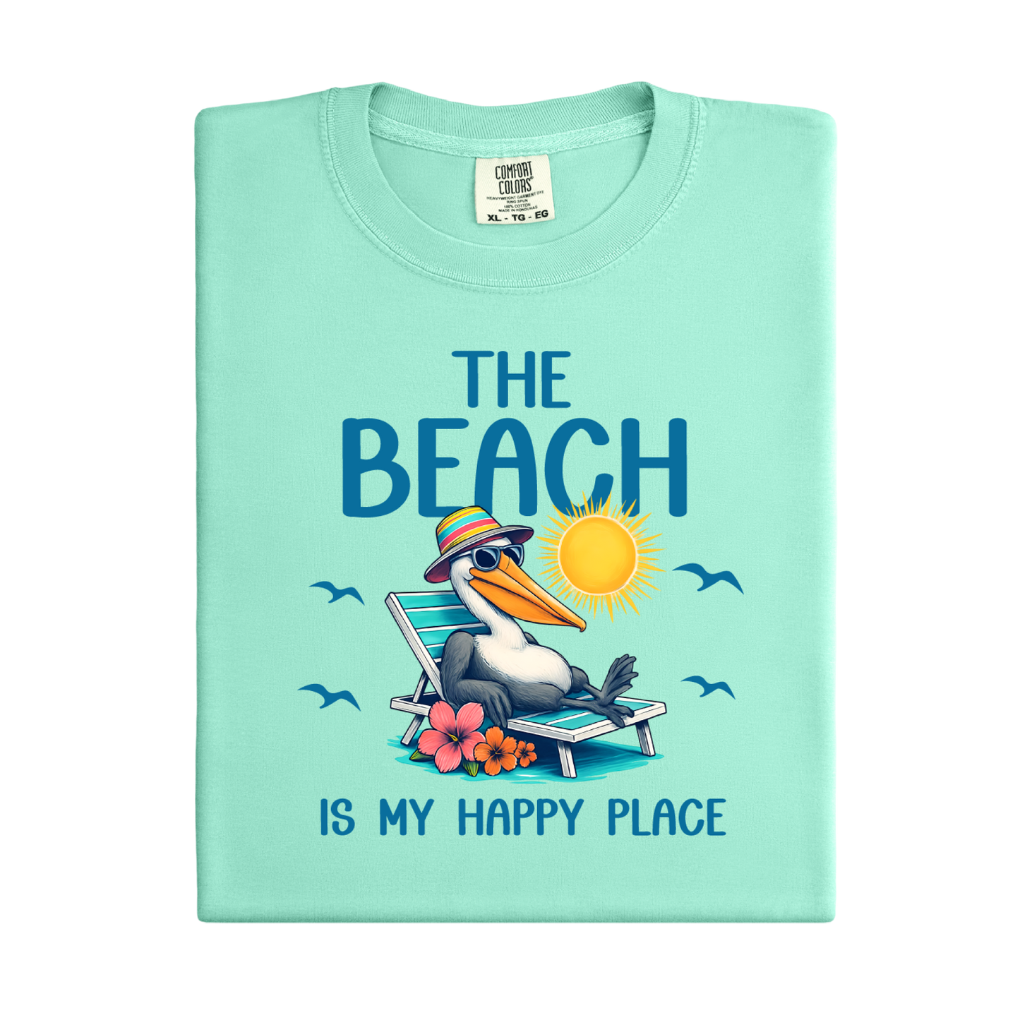 Light green t-shirt with a seagull graphic and text on a white background