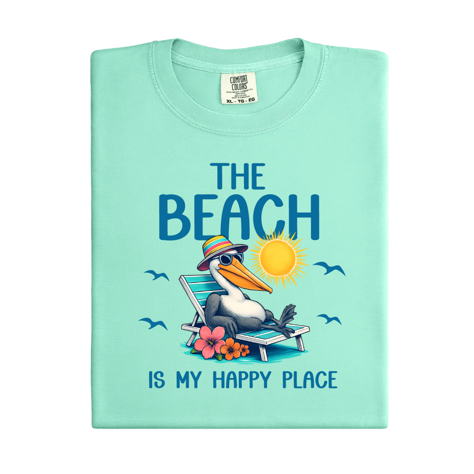 Light green t-shirt with a seagull graphic and text on a white background