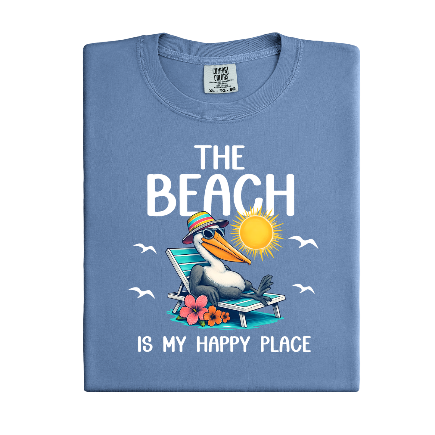 Blue t-shirt with a seagull graphic and text on a white background