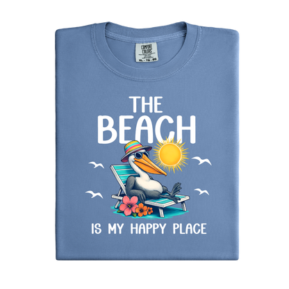 Blue t-shirt with a seagull graphic and text on a white background