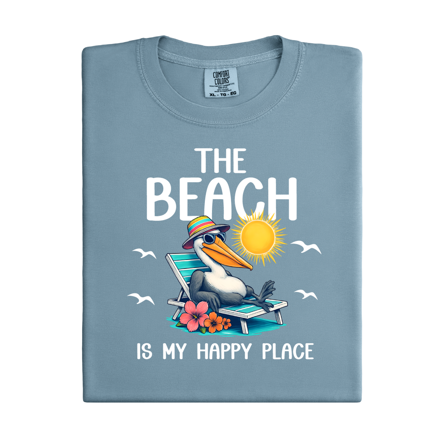 Folded blue t-shirt with a pelican graphic and text on a white background