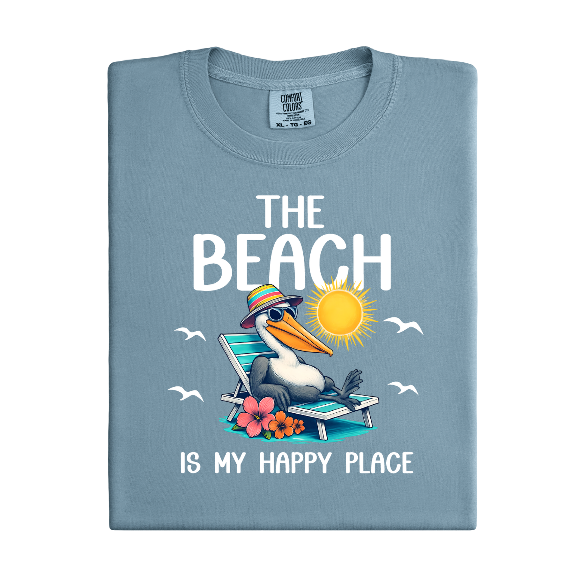 Folded blue t-shirt with a pelican graphic and text on a white background