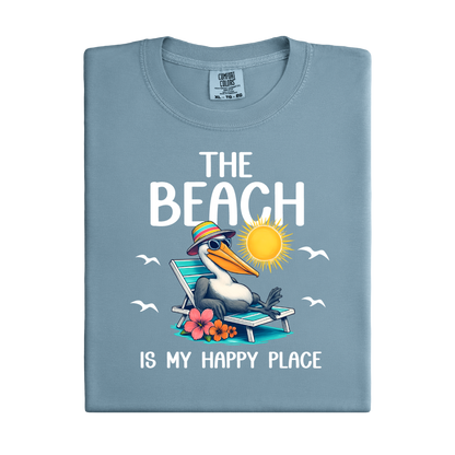 Folded blue t-shirt with a pelican graphic and text on a white background