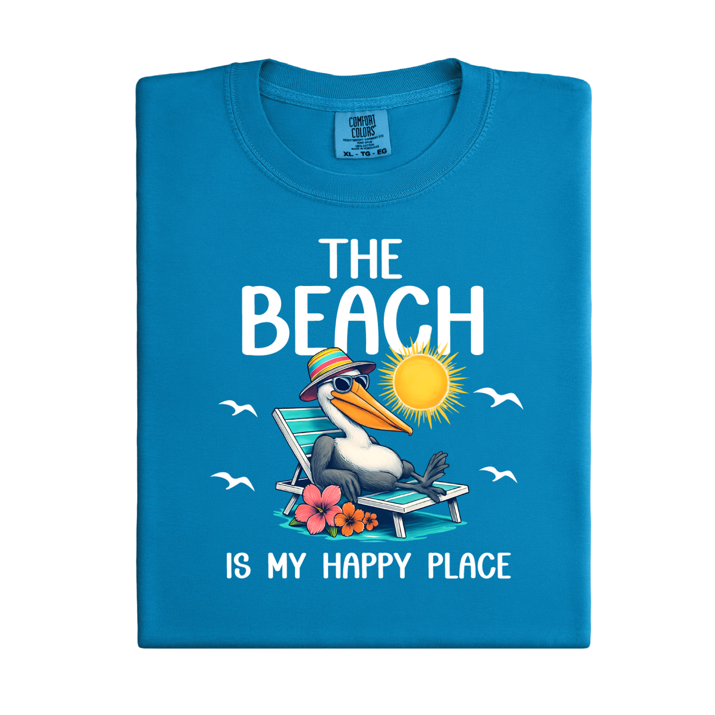 Blue t-shirt with a seagull graphic and text on a white background