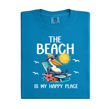 Blue t-shirt with a seagull graphic and text on a white background