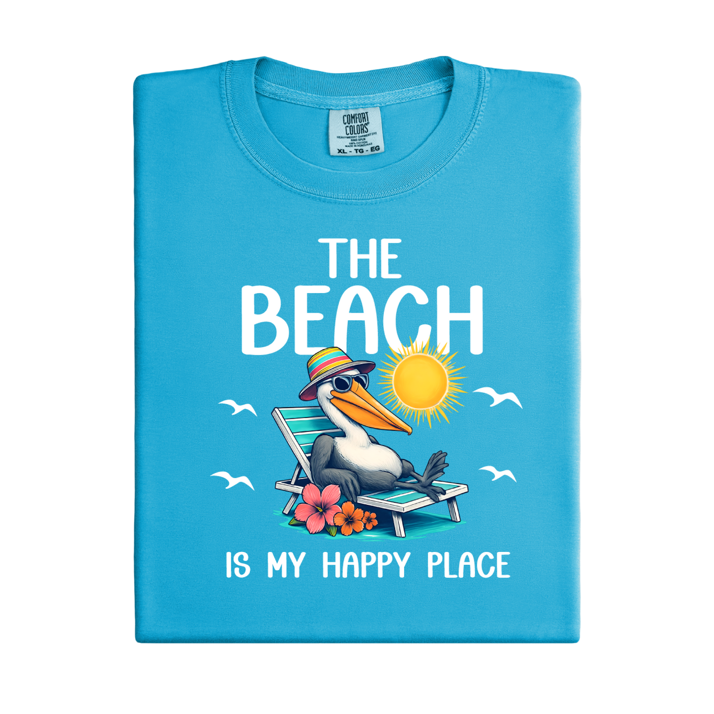 Blue t-shirt with a seagull graphic and text on a white background