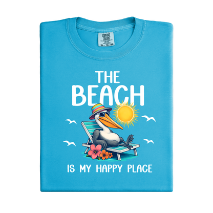 Blue t-shirt with a seagull graphic and text on a white background