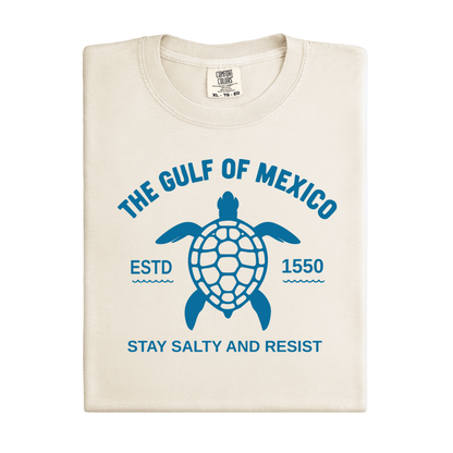 Beige t-shirt with blue turtle graphic and text on a white background