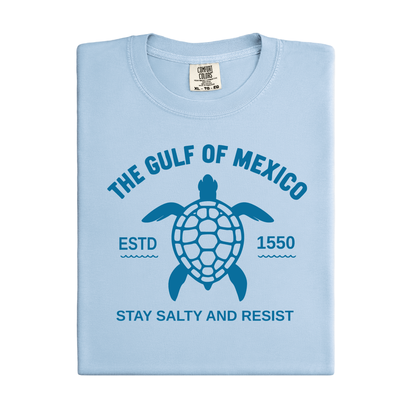 Light blue t-shirt with turtle graphic and text on a white background