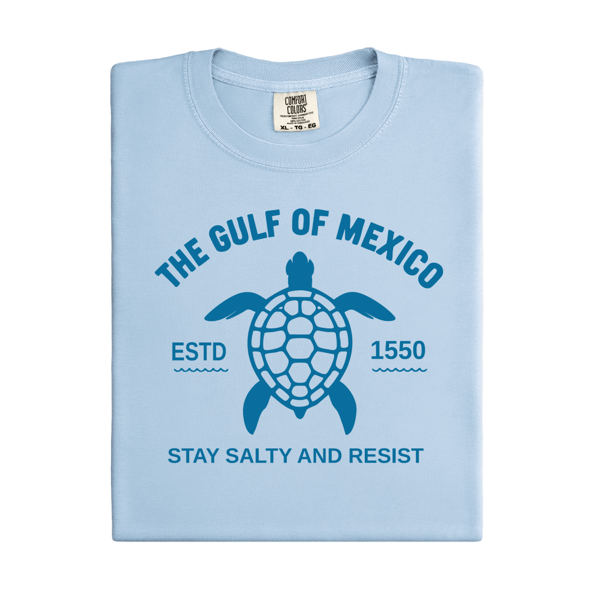 Light blue t-shirt with turtle graphic and text on a white background