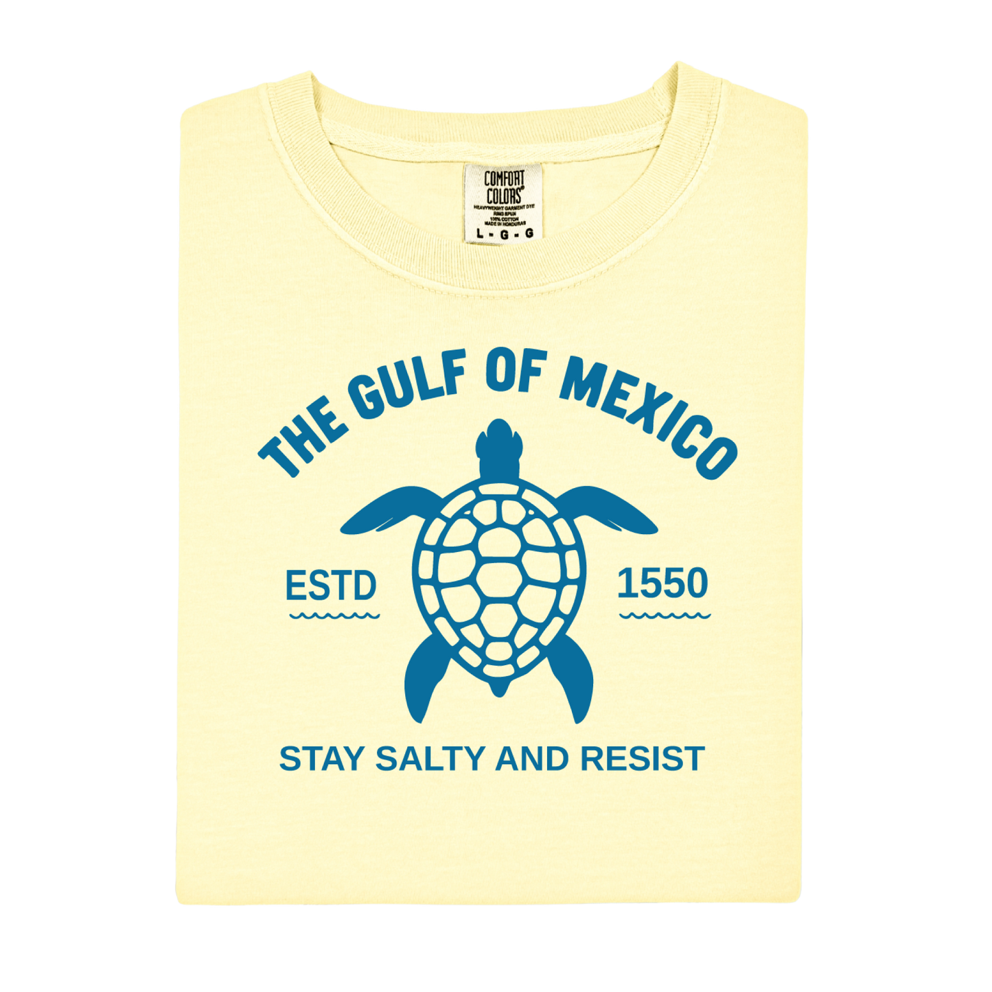 Yellow t-shirt with blue turtle graphic and text on a white background