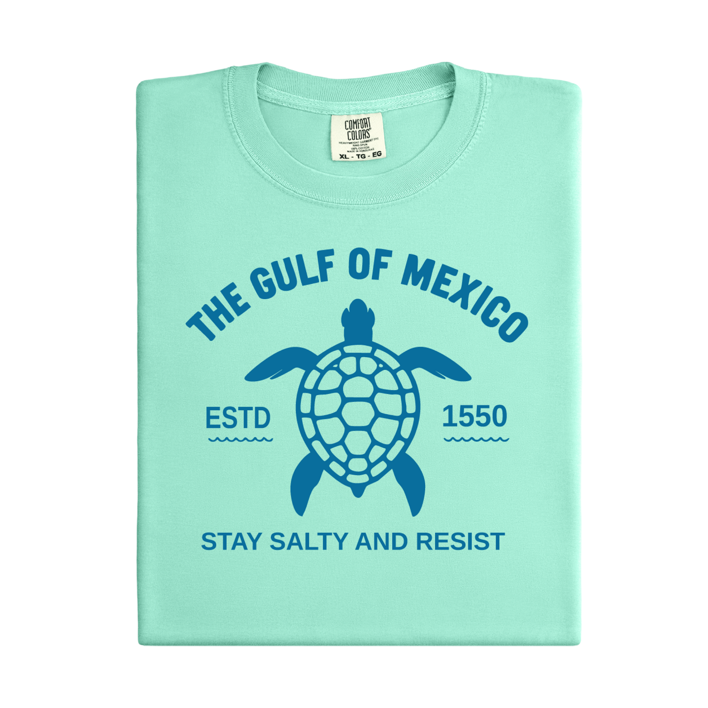 Light green t-shirt with turtle graphic and text on a white background