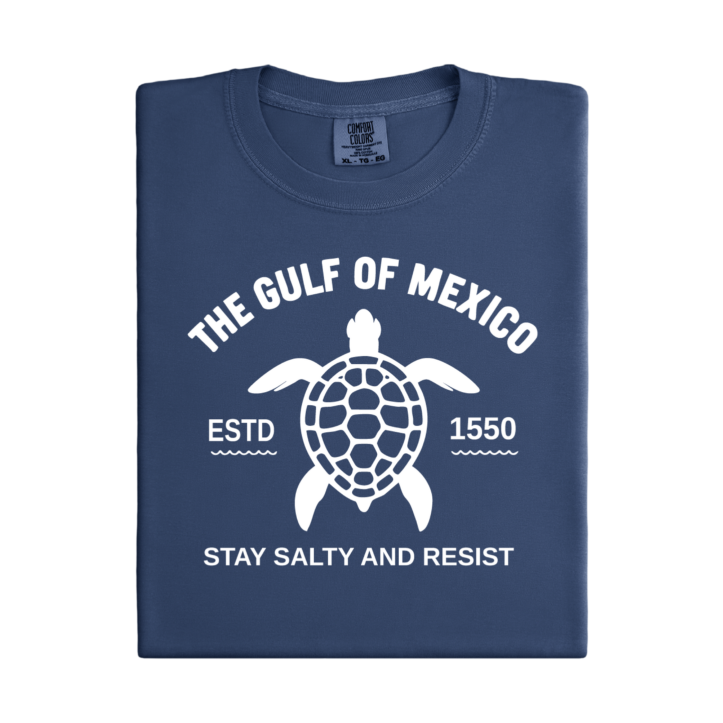 Folded navy blue t-shirt with white turtle graphic and text on a white background