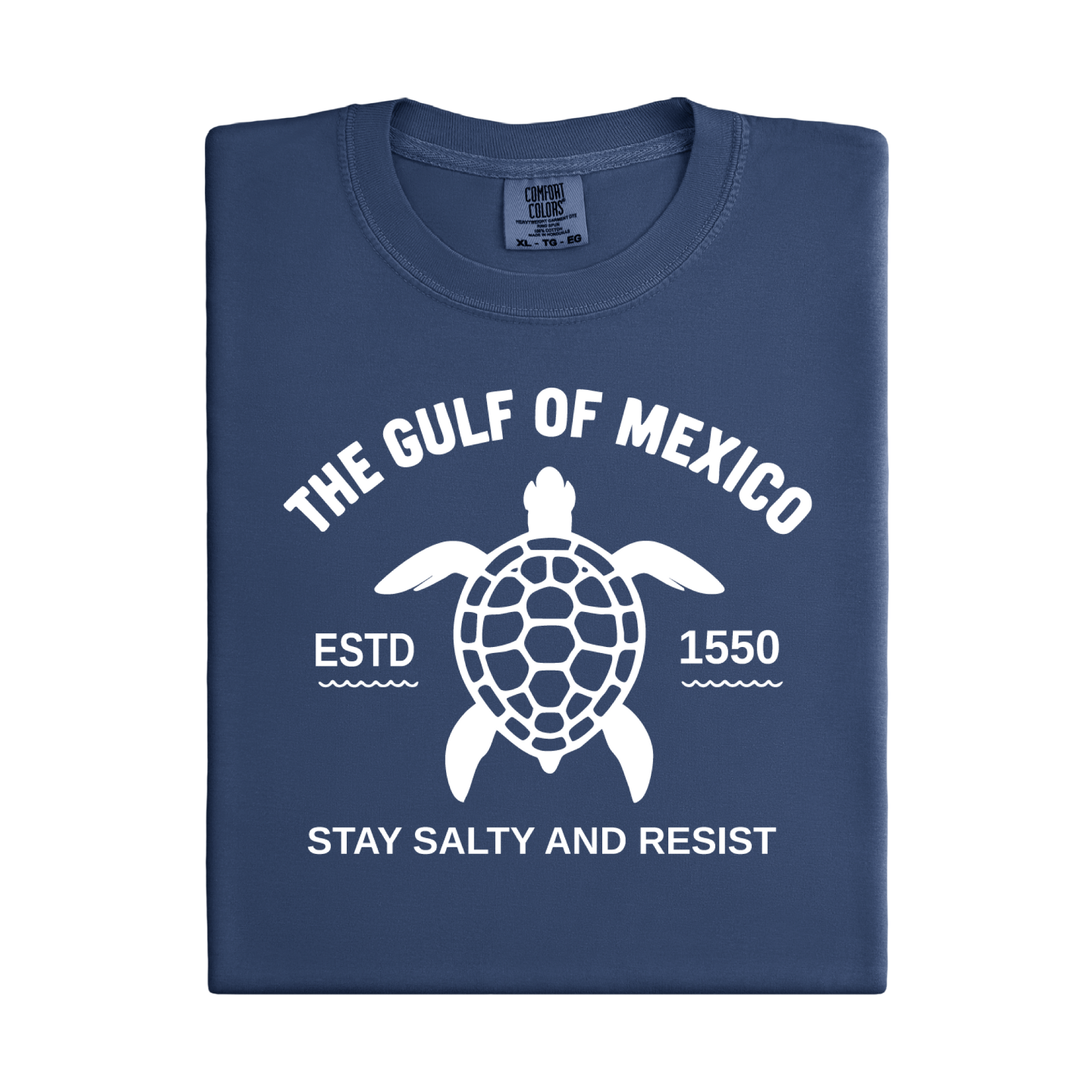 Folded navy blue t-shirt with white turtle graphic and text on a white background