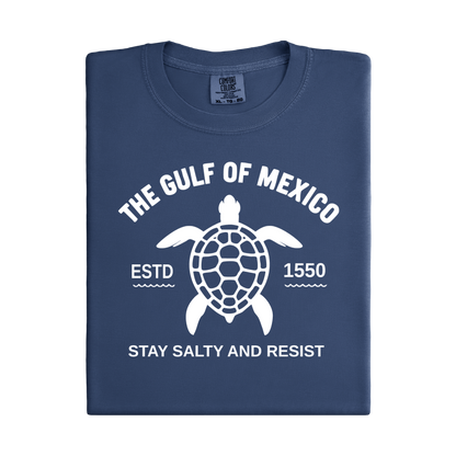 Folded navy blue t-shirt with white turtle graphic and text on a white background