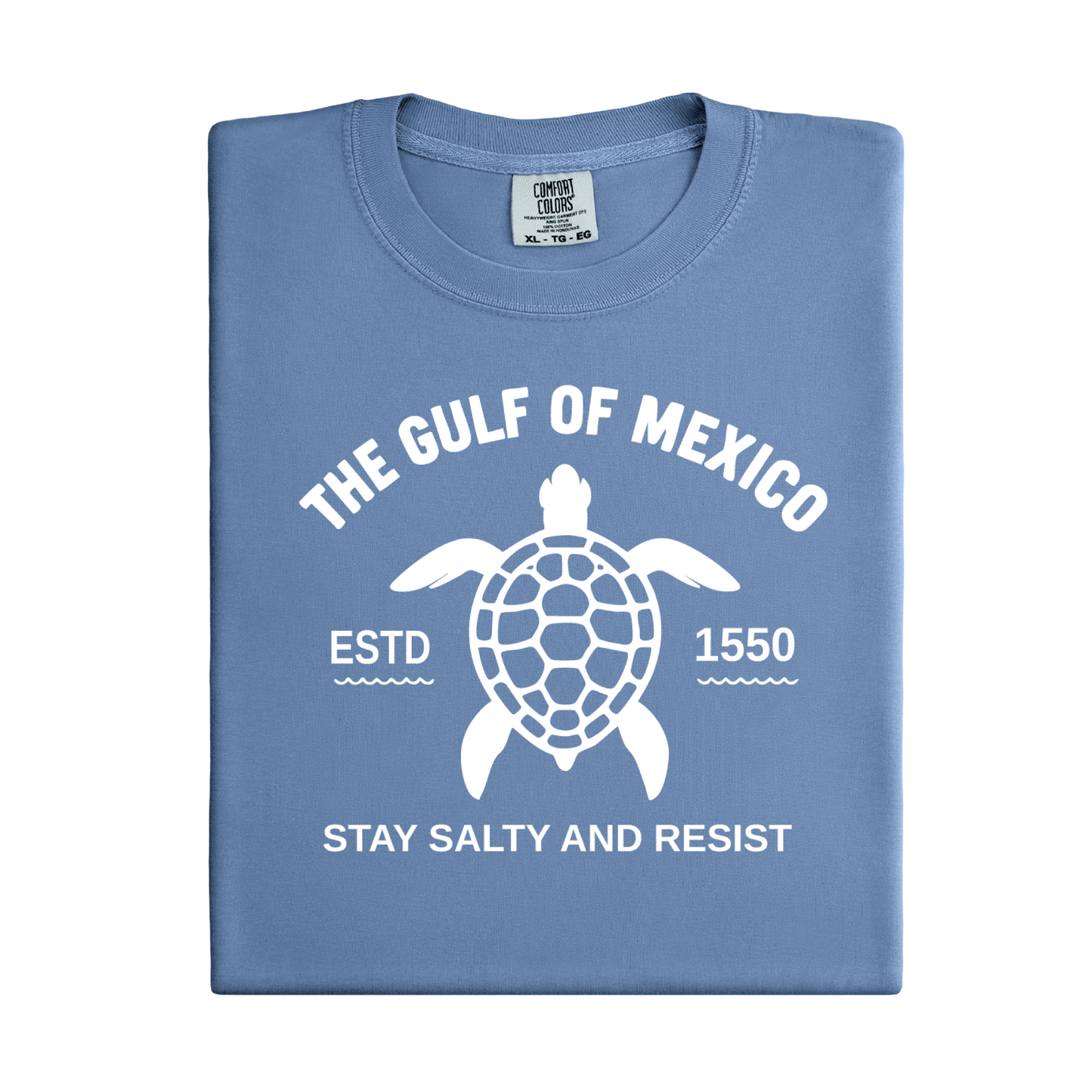 Blue t-shirt with a turtle graphic and text on a white background