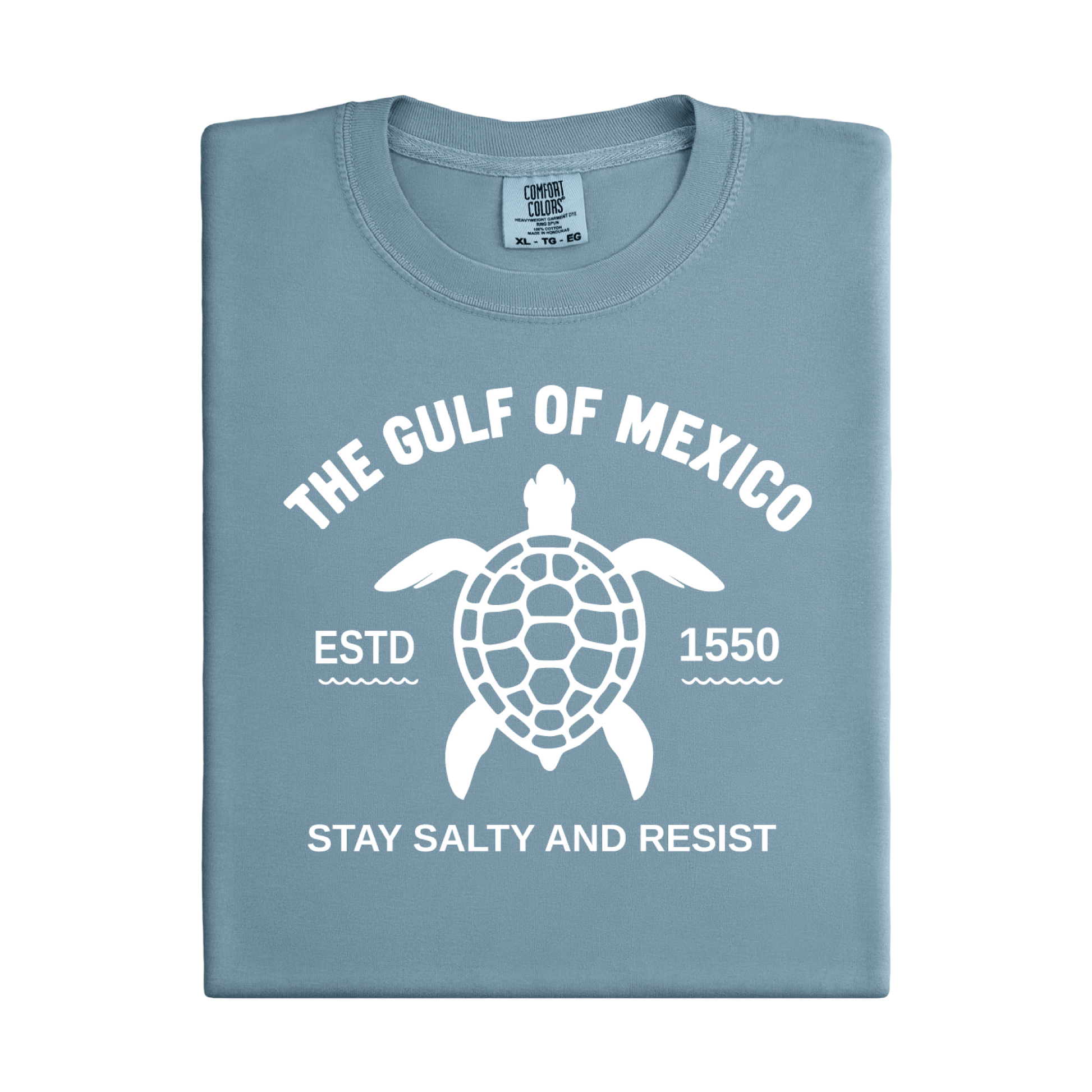 Folded blue t-shirt with turtle graphic and text on a white background