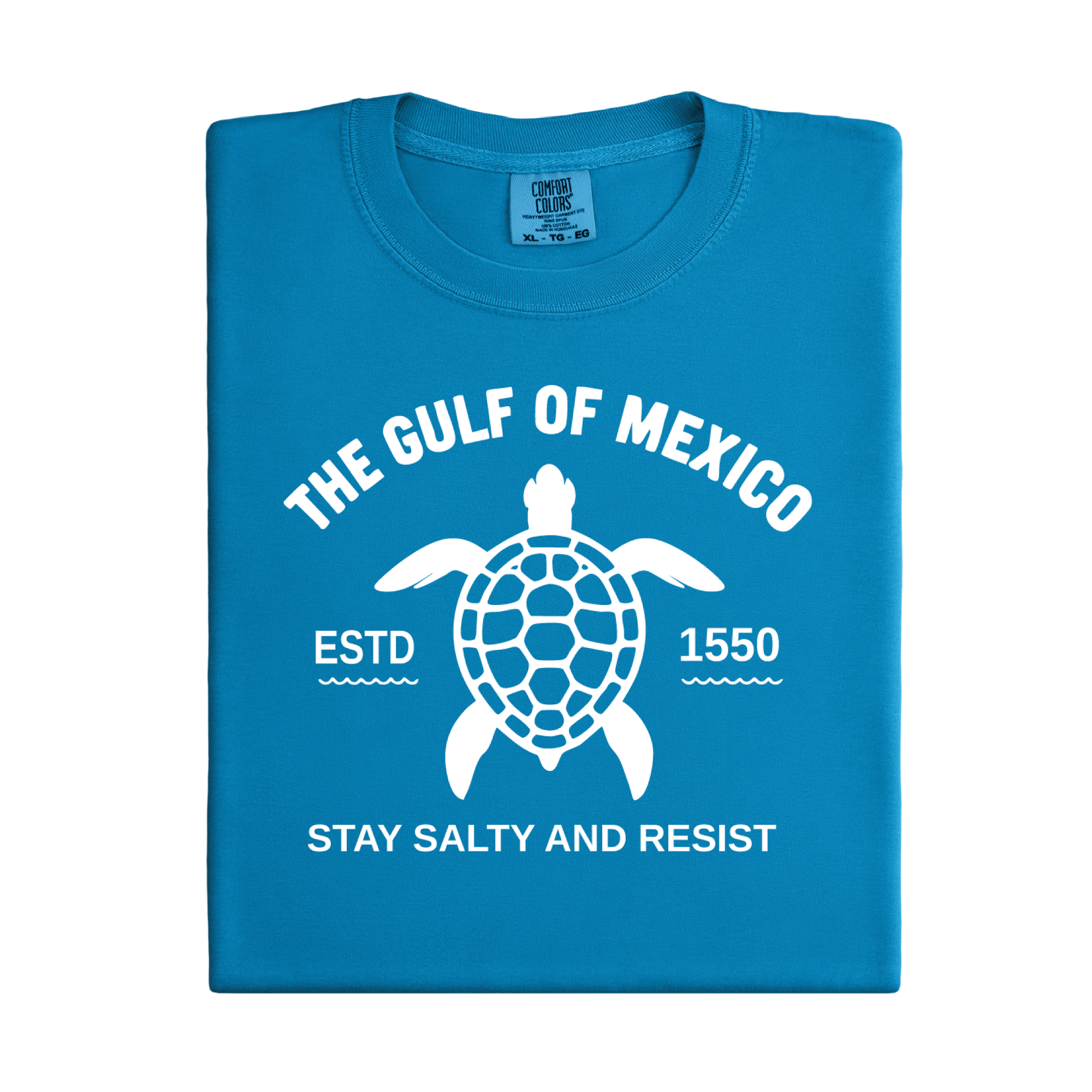 Blue t-shirt with turtle graphic and text on a white background