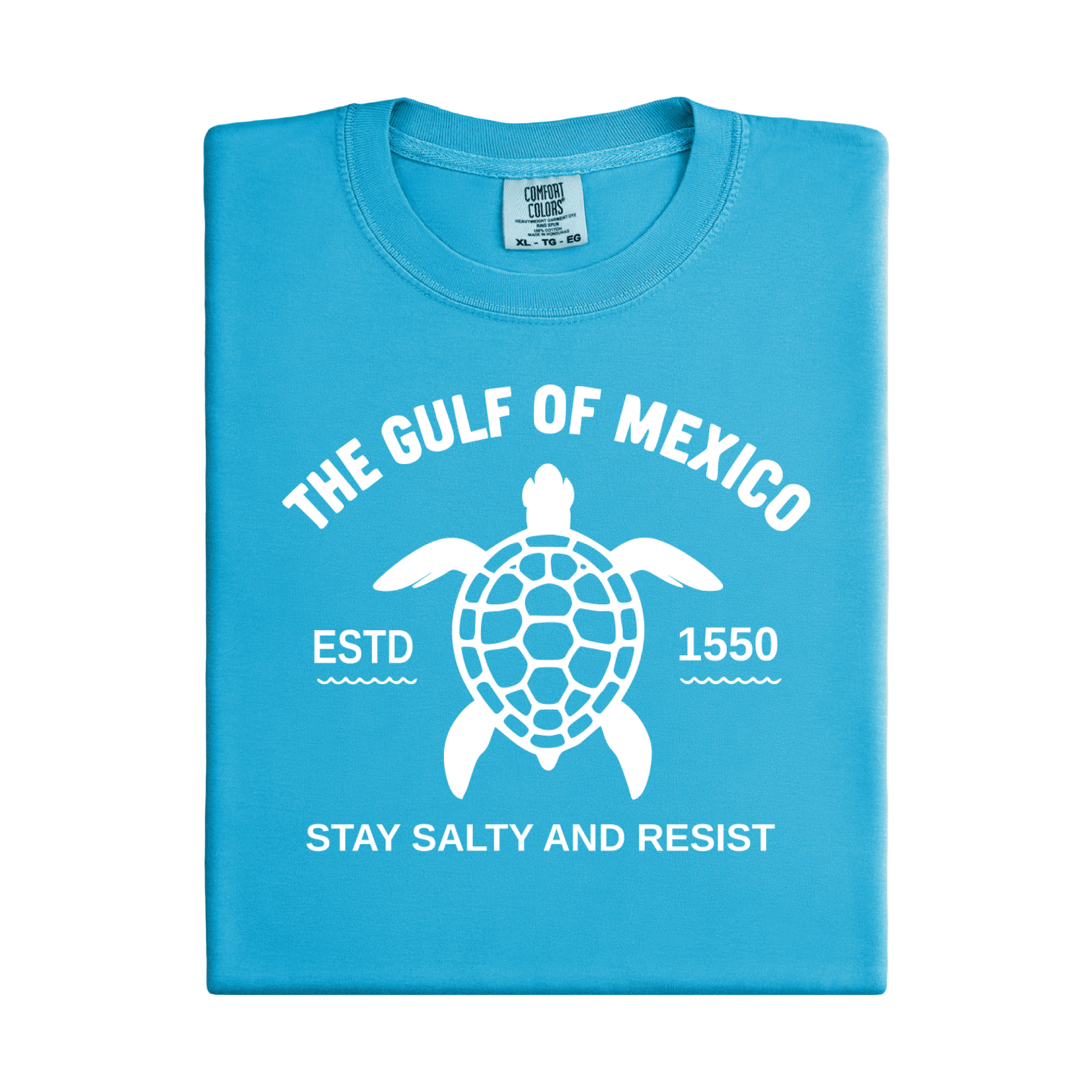 Folded blue t-shirt with turtle graphic and text on a white background