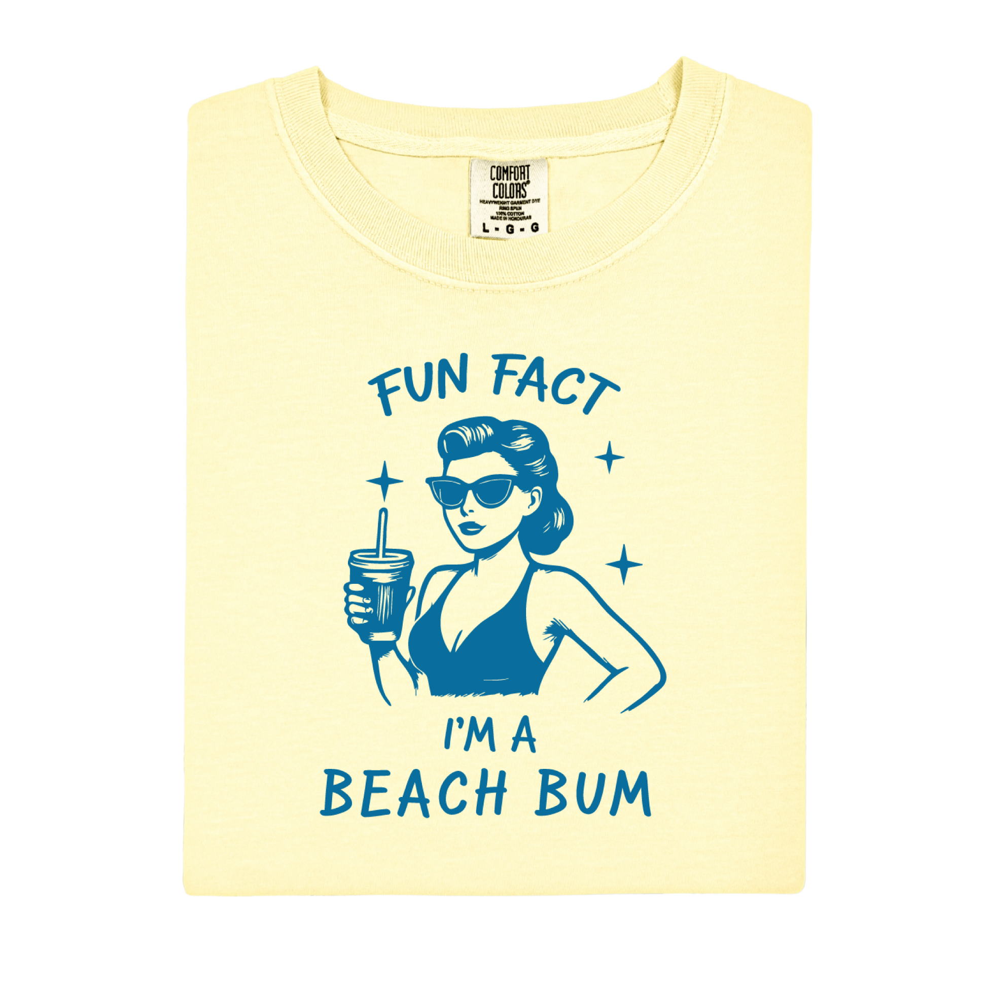 Yellow t-shirt with blue graphic and text 'Fun Fact I'm a Beach Bum' on a white background