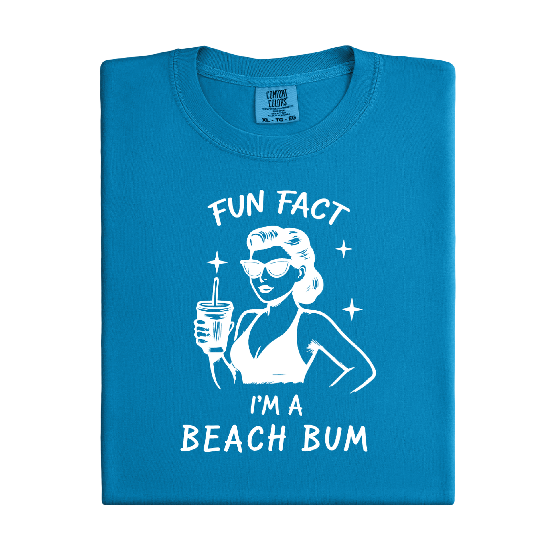 Blue t-shirt with a graphic of a woman at the beach and text 'Fun Fact I'm a Beach Bum' on a white background.