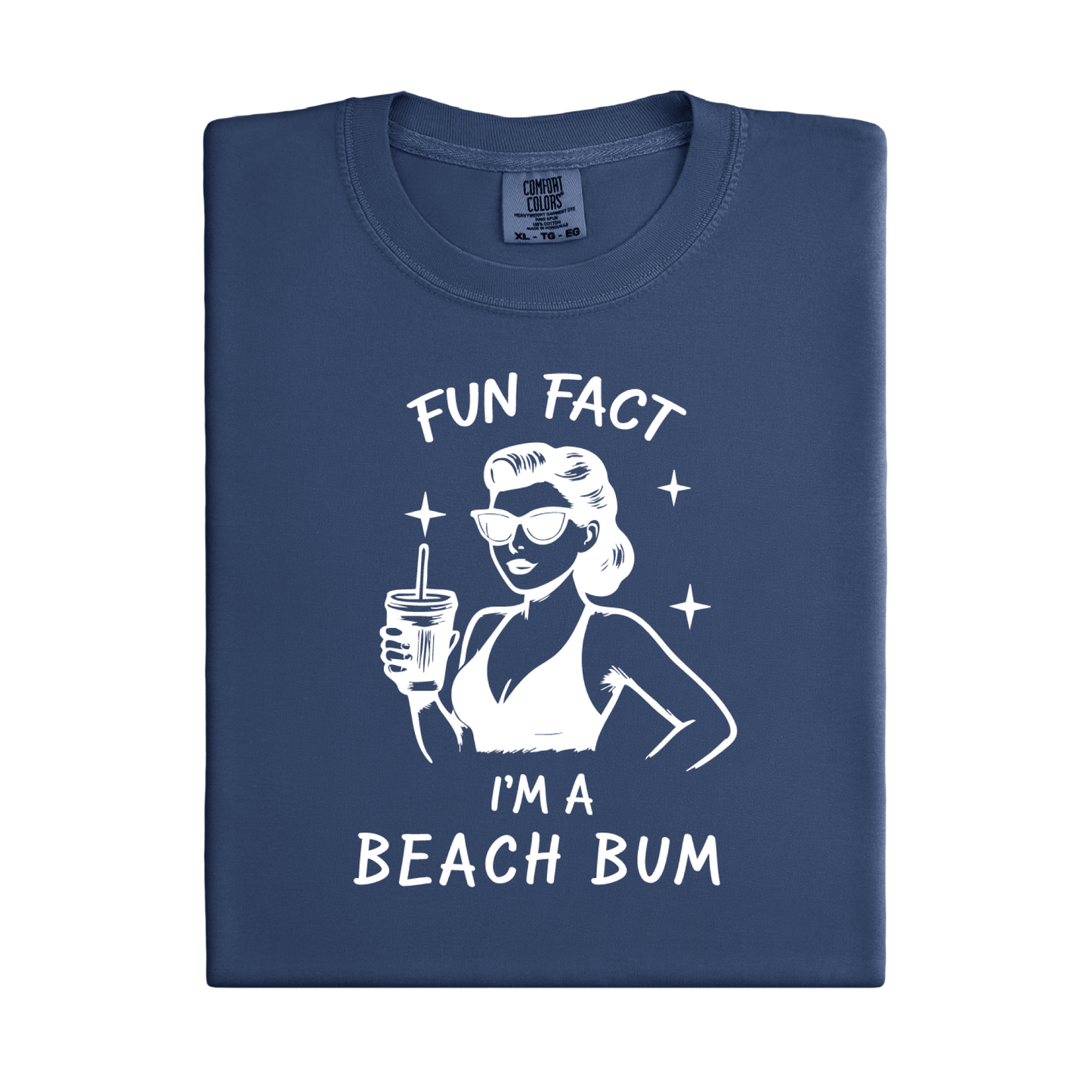 Folded navy blue t-shirt with a graphic of a woman at the beach and text 'Fun Fact I'm a Beach Bum' on a white background.