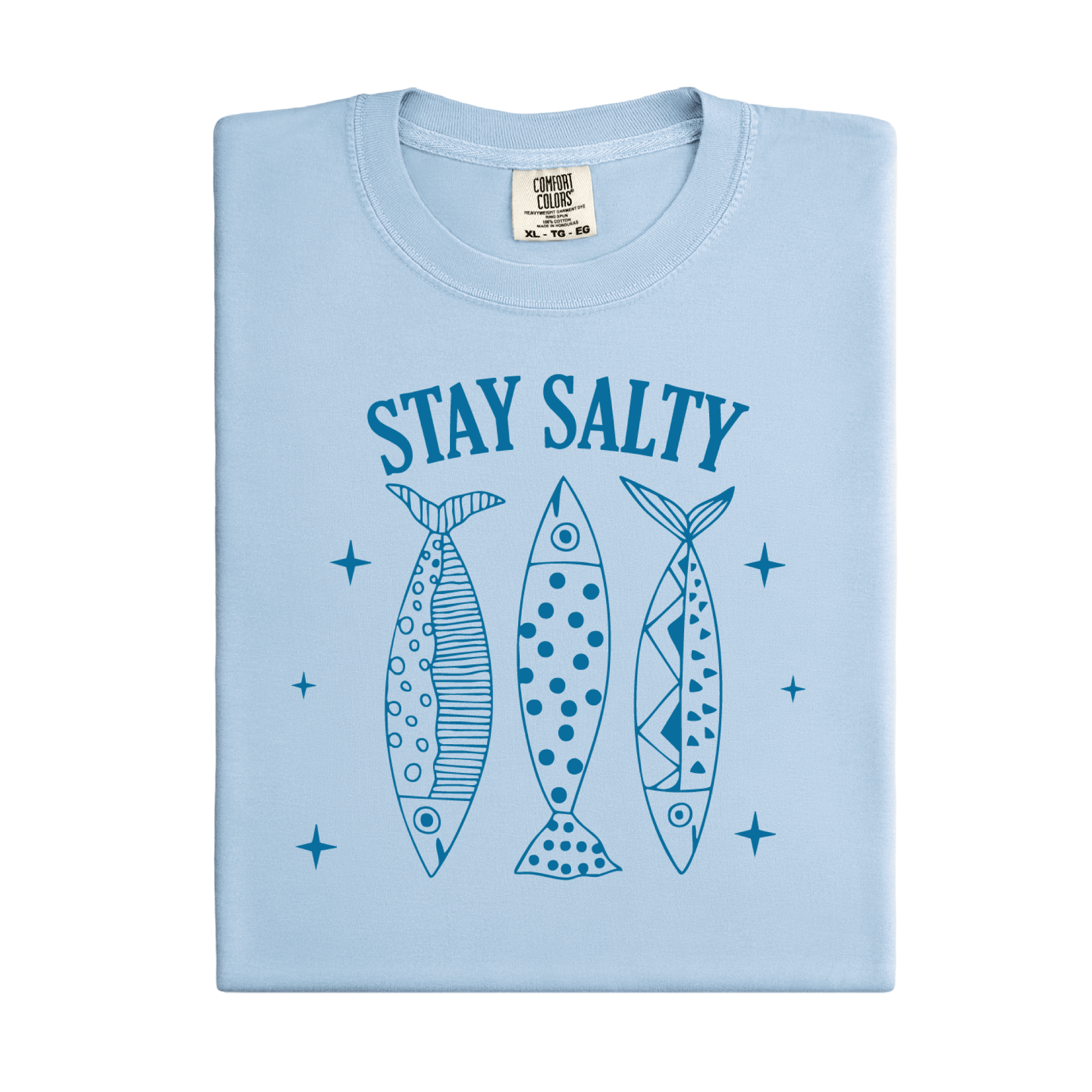 Light blue t-shirt with 'Stay Salty' text and fish illustrations on a white background