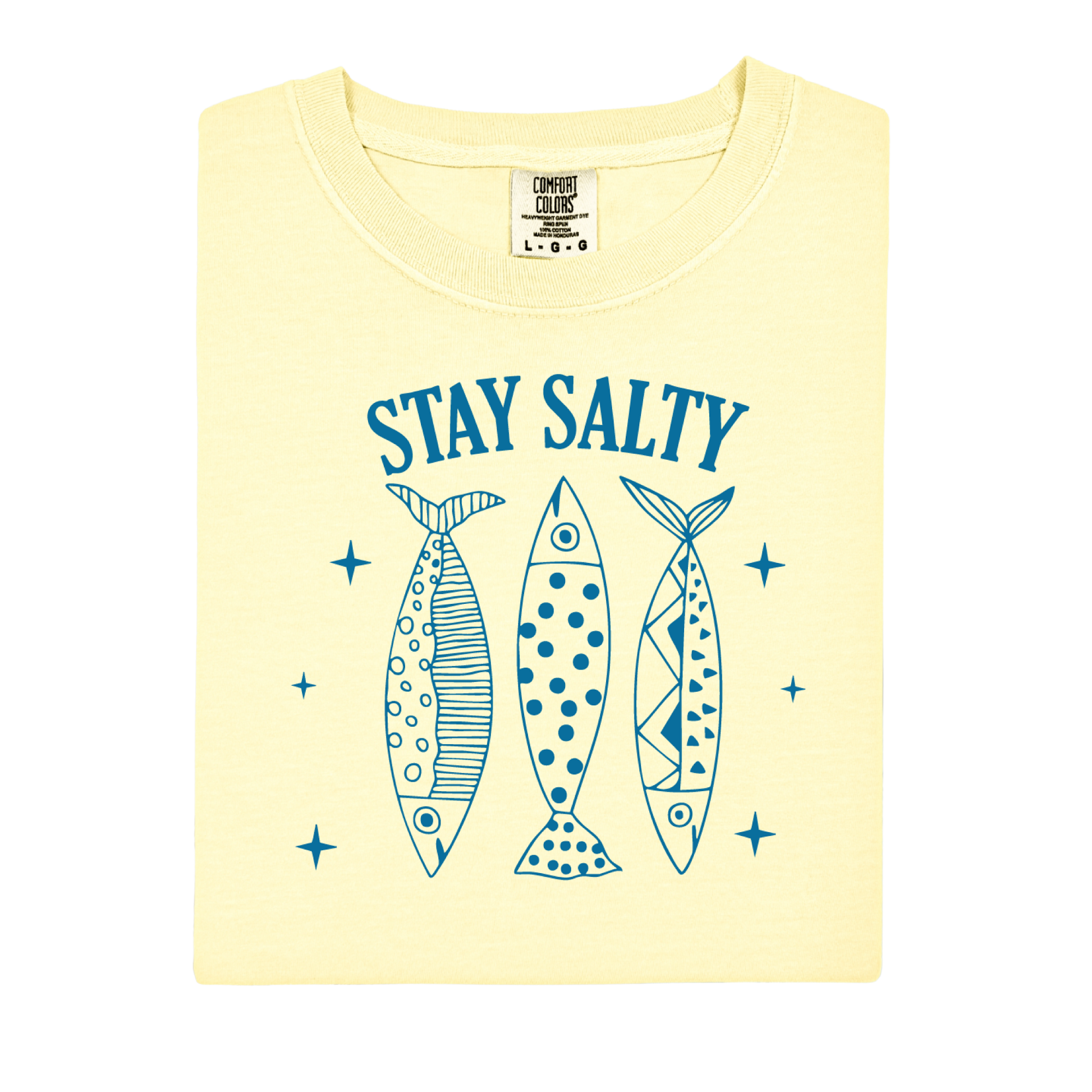 Yellow t-shirt with 'Stay Salty' text and fish illustrations on a white background