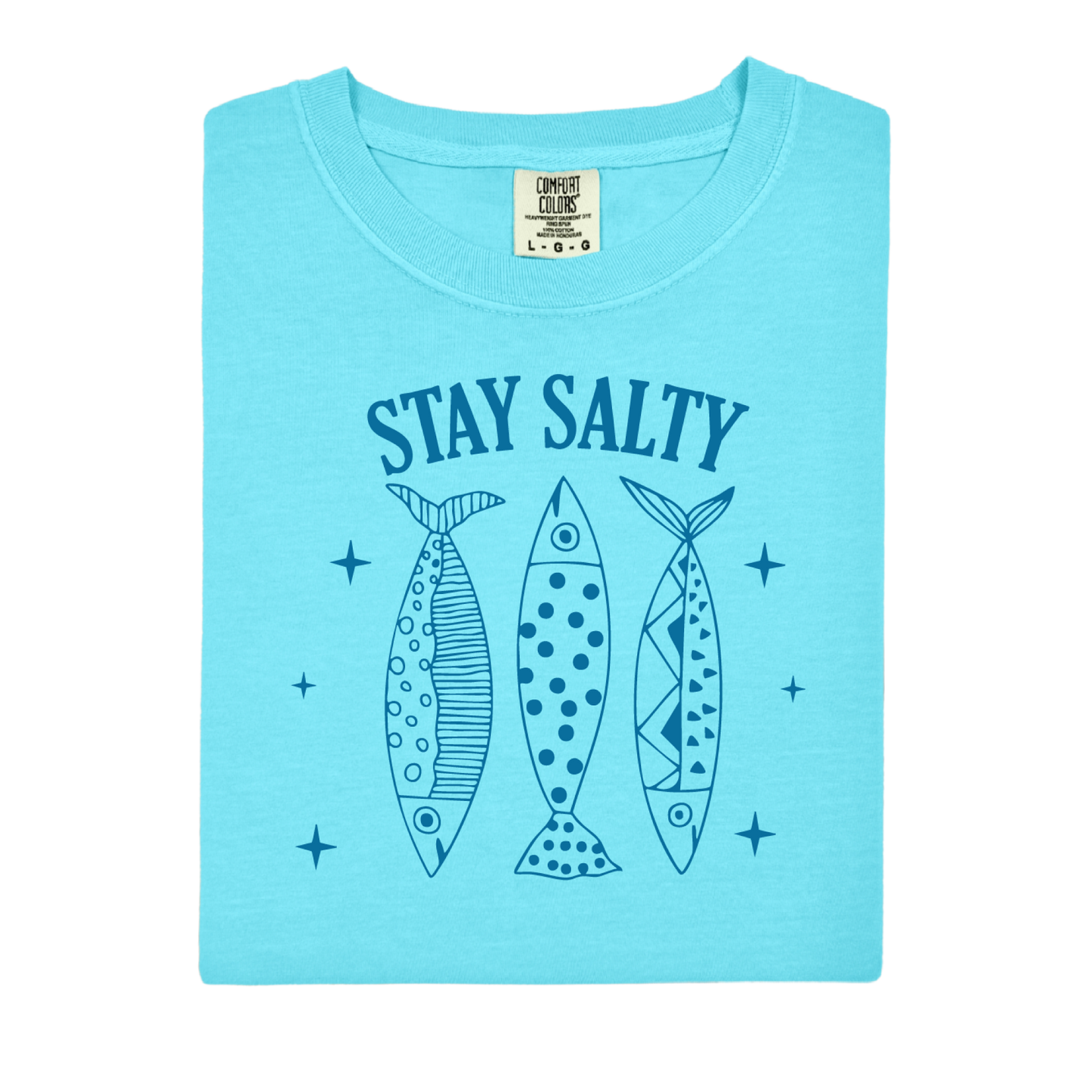 Light blue t-shirt with 'Stay Salty' text and fish illustrations on a white background
