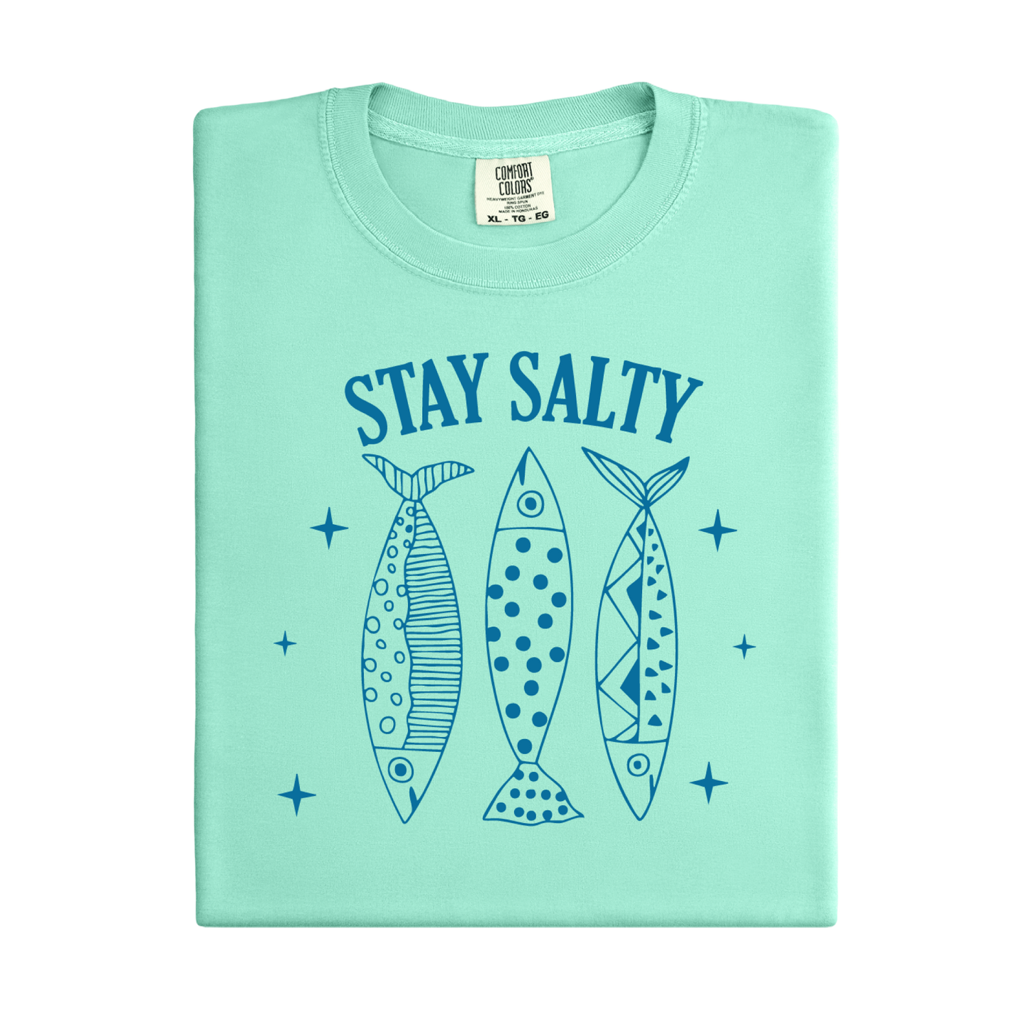 Light green t-shirt with 'Stay Salty' text and fish illustrations on a white background