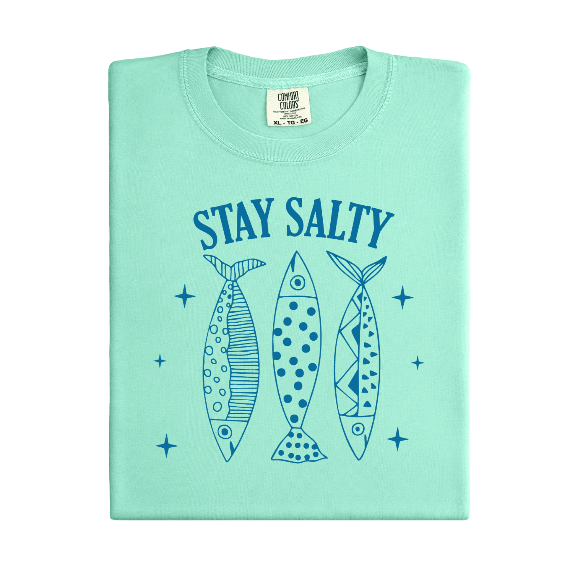 Light green t-shirt with 'Stay Salty' text and fish illustrations on a white background